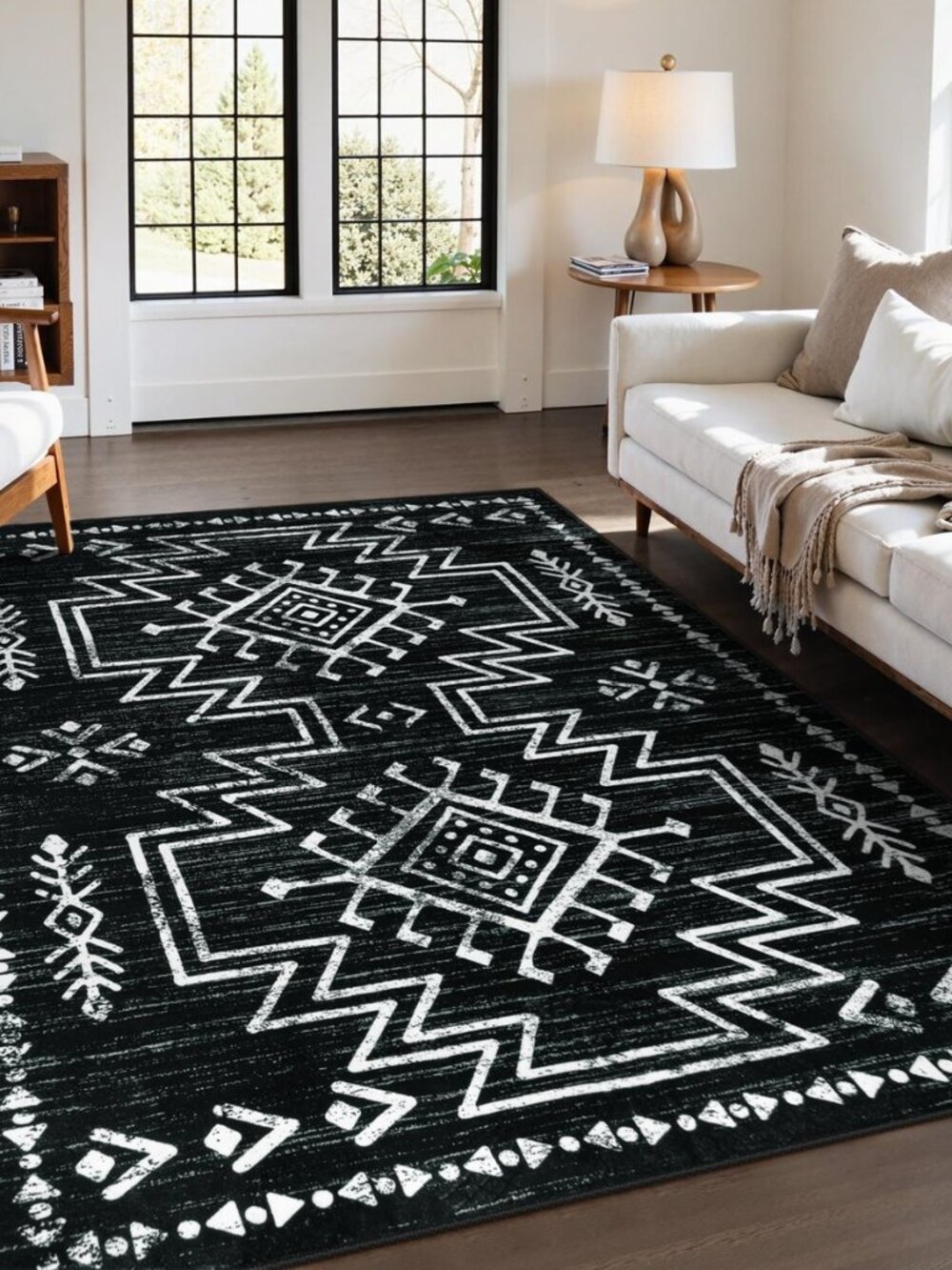 5x7 Western Black and White Rugs for Living Room, Washable Aztec Rug